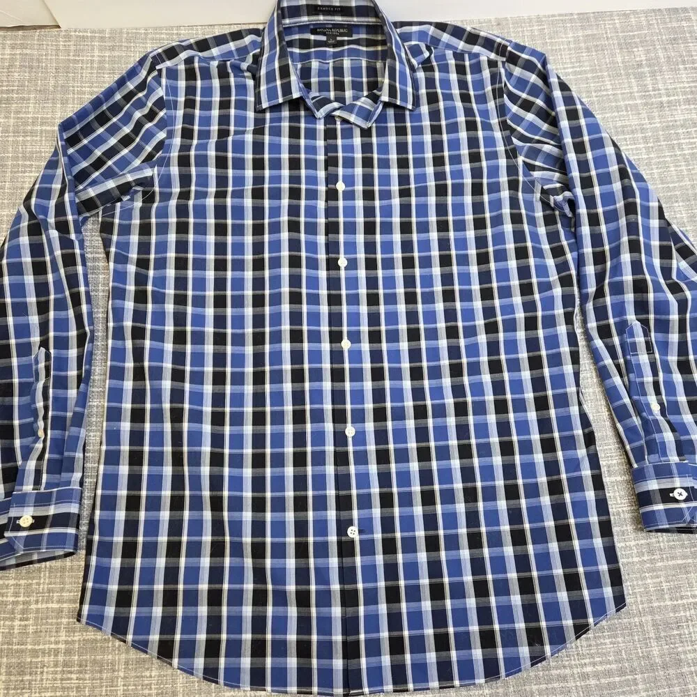 Banana Republic Oxford Shirt Camden Fit Men's L Mid-Wt Blue White Plaid No Iron